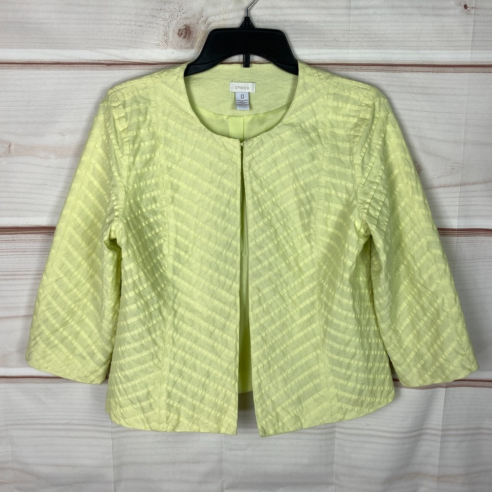 Chicos Jacket Womens 0 S Yellow 3/4 Sleeve Cotton Round Neck Lightweight Texture
